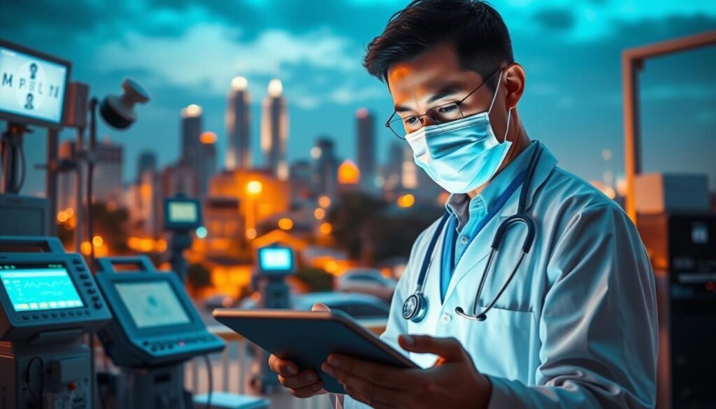 A bustling scene of telemedicine's evolution in Indonesia. In the foreground, a doctor conducts a virtual consultation, their face illuminated by the soft glow of a tablet screen. The middle ground features various medical devices and monitoring equipment, symbolizing the technological advancements that enable remote healthcare. In the background, a cityscape rises, representing the expansion of telemedicine services across the nation. Warm, diffused lighting casts a hopeful atmosphere, hinting at the increasing accessibility and convenience of this transformative healthcare solution. Crisp, photorealistic details bring this vision of Indonesia's telemedicine landscape to life.
