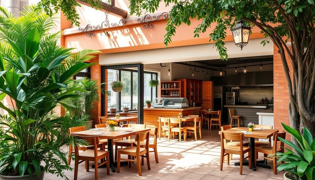 A cozy, inviting family restaurant nestled in the vibrant heart of Miami. The exterior features a warm, Mediterranean-inspired design with terracotta tiles, wrought-iron accents, and lush greenery framing the entrance. Inside, the spacious dining area is bathed in soft, natural light filtering through large windows. Wooden tables and chairs create a welcoming, casual atmosphere, while playful, colorful décor and a dedicated children's play area cater to families. The open kitchen showcases the chefs at work, preparing a menu of delectable, locally-sourced dishes. The overall ambiance evokes a sense of comfort, community, and a perfect setting for a memorable family dining experience.