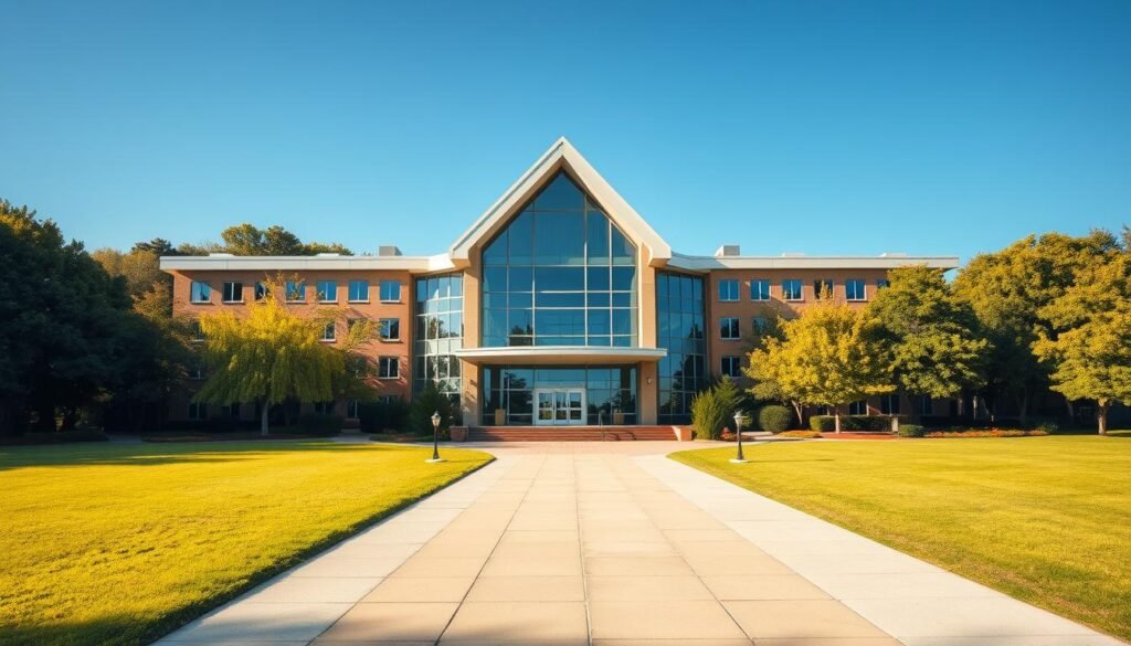 A gleaming, modern school building stands proudly against a backdrop of lush greenery. The architecture features clean lines, expansive windows, and a striking, angular roofline that creates a sense of dynamism. The building is bathed in warm, golden sunlight, casting long shadows that emphasize its impressive scale and presence. In the foreground, a well-manicured lawn and neatly paved walkways lead towards the school's main entrance, inviting students and visitors alike. The overall scene conveys a sense of academic excellence, innovation, and a commitment to providing a high-quality educational experience.