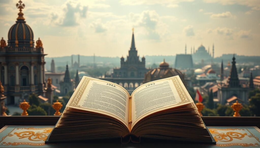 A grand, stately interpretation of the 1945 Constitution of Indonesia, set against a backdrop of historical landmarks and architectural wonders. In the foreground, a majestic, gilded representation of the constitution, its pages unfurled, radiating an aura of reverence and authority. The middle ground features intricate, symbolic motifs and patterns that evoke the core principles and philosophies woven into the founding document. In the distance, a panoramic view of iconic Indonesian landmarks, their silhouettes bathed in warm, golden light, signifying the document's enduring legacy and its role in shaping the nation. The overall composition conveys a sense of gravitas, tradition, and the profound significance of the 1945 Constitution as the cornerstone of Indonesia's political and social fabric.