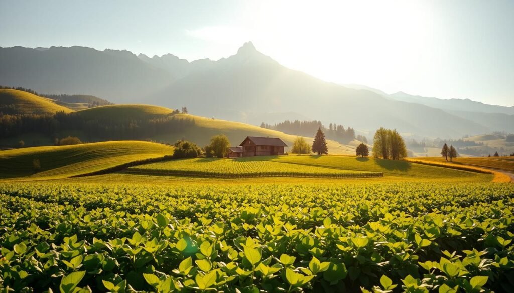 A lush, verdant landscape with rolling hills and a vibrant, sun-dappled field in the foreground. In the middle ground, a traditional wooden farmhouse surrounded by rows of thriving crops, their leaves glistening with morning dew. In the background, a majestic mountain range rises, its peaks capped with snow. The scene is bathed in a warm, golden light, creating a sense of tranquility and harmony. The overall atmosphere evokes a connection to the earth, a reverence for nature, and the timeless traditions of sustainable agriculture.