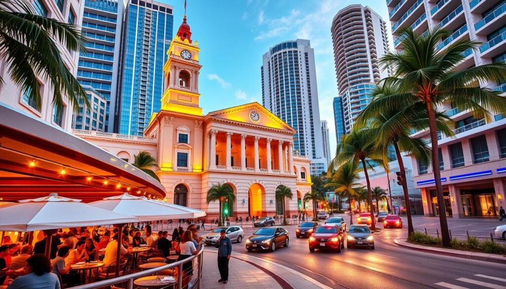 A modern and vibrant city hall building in downtown Miami, with a grand neoclassical architecture featuring columns, arches, and a prominent clock tower. The facade is illuminated by warm, golden lighting, creating a welcoming ambiance. In the foreground, a lively outdoor dining area with tables and umbrellas is visible, where people are enjoying local cuisine and the bustling atmosphere of the city. The middle ground showcases the surrounding streets, with palm trees lining the sidewalks and cars passing by. In the background, the iconic skyscrapers of Miami's financial district provide a stunning backdrop, reflecting the city's cosmopolitan character.