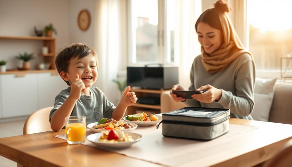 A peaceful morning routine in a cozy home setting. An energized child sits at a table, happily eating a healthy breakfast while their caring parent packs a lunchbox nearby. Warm natural light filters through large windows, creating a sense of comfort and security. The background features simple, clean-lined furniture and decor, allowing the focus to remain on the familial moment. The overall mood is one of calm, purposeful preparation for the day ahead - a visual representation of "membangun rutinitas baru" as a meaningful, thoughtful process.