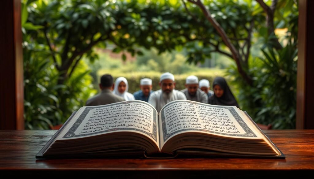 A serene and contemplative scene depicting the "Sholawat Dalailul Khairat," a revered Islamic devotional text. In the foreground, an open book with ornately decorated pages rests on a simple wooden table, illuminated by soft, warm lighting. The middle ground features a group of worshippers, their faces tranquil and focused, as they engage in the recitation of the sholawat. In the background, a lush, verdant garden frames the scene, creating a sense of peace and connection with the natural world. The overall atmosphere is one of reverence, introspection, and the pursuit of spiritual enlightenment.