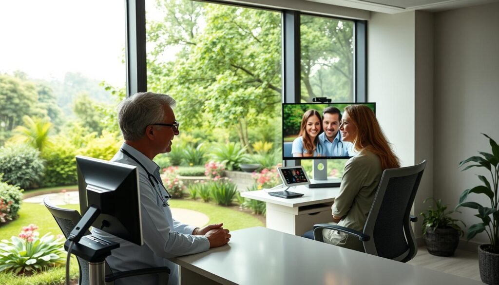 A serene medical office with a large window overlooking a lush, verdant landscape. In the foreground, a doctor and patient engaged in a warm, empathetic video consultation, their faces aglow with soft natural lighting. The middle ground features state-of-the-art monitoring equipment and a stylish, ergonomic workstation. The background showcases a peaceful garden, with vibrant flowers and a tranquil pond, creating a calming, restorative atmosphere. The scene conveys the convenience, accessibility, and personalized care that telemedicine can provide, seamlessly blending technology and nature to enhance the patient experience.