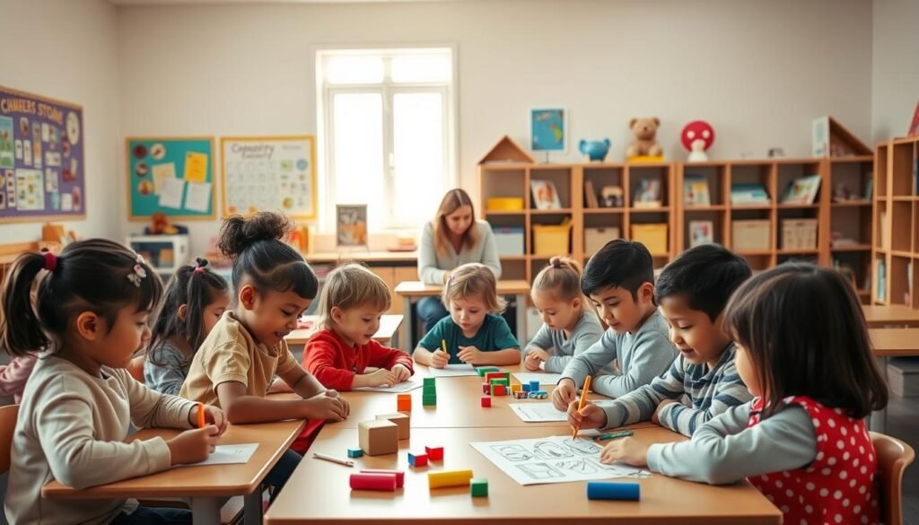 A serene, well-lit classroom setting with a group of young children engaged in various learning activities, showcasing their basic capabilities. In the foreground, a diverse group of students sitting at desks, working intently on simple tasks like coloring, solving puzzles, or stacking blocks. In the middle ground, a teacher or caregiver guiding and interacting with the children, observing their progress. The background features educational posters, shelves of books, and other learning materials, creating an atmosphere of academic exploration. The lighting is warm and natural, capturing the joy and focus of the children as they develop their fundamental skills.