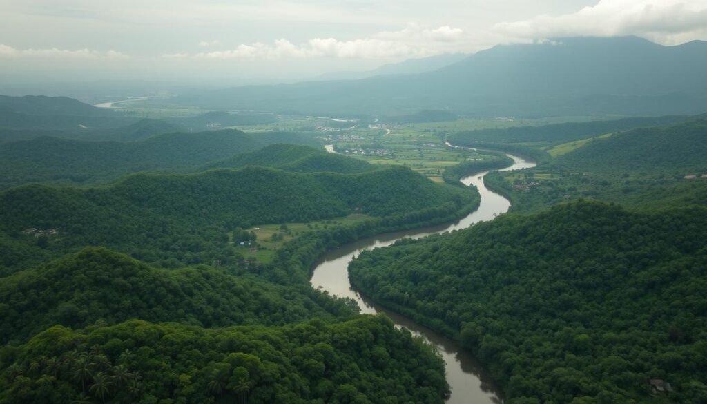 A sweeping aerial view of the lush, verdant landscapes of Aceh and North Sumatra, Indonesia, where two provinces meet. In the foreground, rolling hills and dense forests give way to a winding river that snakes through the center of the frame. In the middle ground, small villages and agricultural settlements dot the countryside, their rooftops peeking out from the verdant canopy. The background is dominated by a rugged, mountainous horizon, its peaks shrouded in wispy clouds. The lighting is soft and diffuse, creating a serene, contemplative atmosphere, hinting at the delicate balance and potential tensions between the local regions and the central government. The overall composition conveys a sense of the scale and complexity of the territorial dispute, set against the backdrop of Indonesia's diverse and breathtaking natural landscapes.