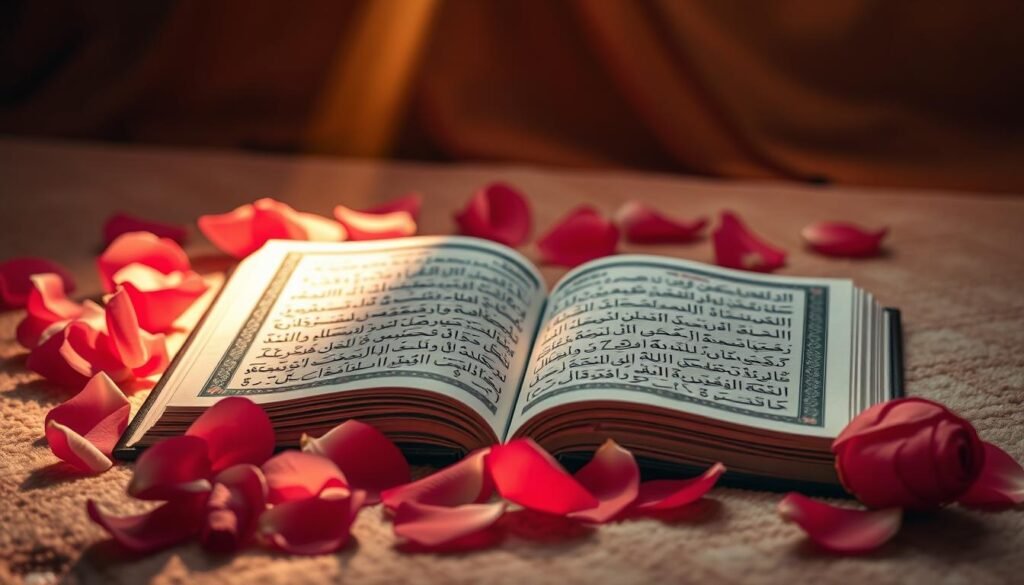 A tranquil scene depicting an open Quran book, with Arabic script prominently displayed. The book rests on a soft, plush surface, perhaps a prayer rug or a luxurious velvet cushion. Surrounding the book are delicate rose petals, their vibrant hues creating a gentle, contemplative atmosphere. A single beam of warm, golden light cascades over the scene, highlighting the intricate details of the Quran's pages and the velvety texture of the petals. The overall composition evokes a sense of reverence and spiritual connection, reflecting the deep bond between the Sholawat Dalailul Khairat and the act of prayer.