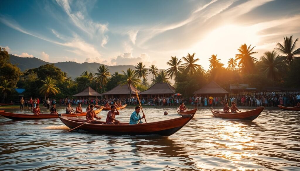 A vibrant traditional boat race, Pacu Jalur, unfolds against a backdrop of lush, verdant landscapes. In the foreground, sleek, hand-carved wooden boats glide across a serene river, their oarsmen's rhythmic strokes propelling them forward. The middle ground showcases spectators lining the riverbanks, dressed in colorful, intricate local attire, exuding a palpable sense of cultural pride. In the distance, traditional stilt houses and towering palm trees create a picturesque rural setting, illuminated by warm, golden sunlight filtering through wispy clouds. The scene radiates a timeless, immersive atmosphere, capturing the essence of a beloved local tradition that has endured for generations.