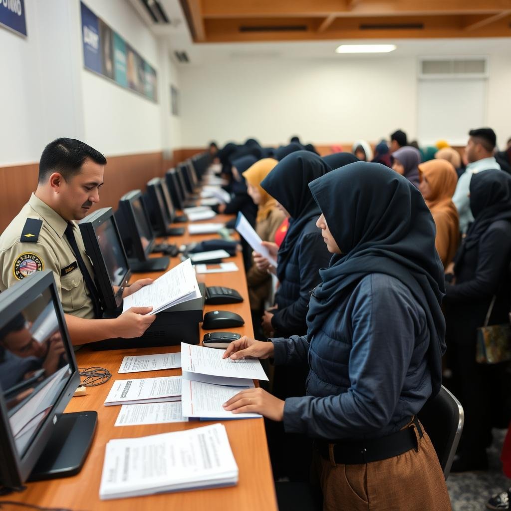 Petugas imigrasi melakukan pendataan pengungsi yang baru tiba Petugas imigrasi melakukan pendataan pengungsi yang baru tiba