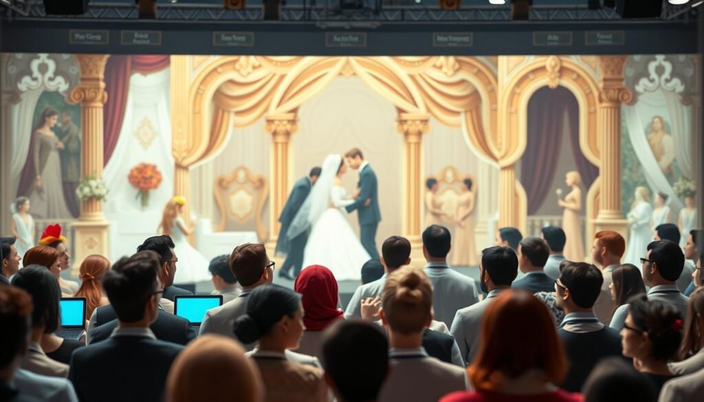 A crowded online forum, the center stage for discussions on modern marriage. In the foreground, avatars representing diverse perspectives engage in lively exchanges, their digital presence a testament to the evolving social landscape. The middle ground reveals a backdrop of traditional wedding imagery - ornate arches, billowing gowns, and symbolic rings - juxtaposed against a digital interface, hinting at the blending of old and new. The overall atmosphere conveys a sense of contemplation, as the viewer is drawn into the discourse surrounding the societal perceptions of online matrimony.