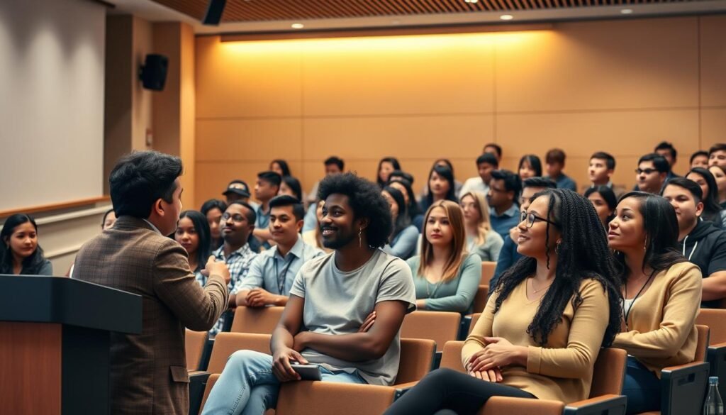 A diverse group of engaged university students seated in a lecture hall, attentively listening to an international guest speaker. Warm, natural lighting illuminates the scene, creating a inviting atmosphere. The students, from varied backgrounds, are dressed casually yet professionally, their faces reflecting a sense of curiosity and eagerness to learn. The speaker, standing at a modern podium, gestures animatedly while delivering an impactful presentation. The room's architecture features clean, contemporary lines and minimalist decor, creating a sophisticated setting for the academic exchange. An air of intellectual discourse and global perspective pervades the scene.