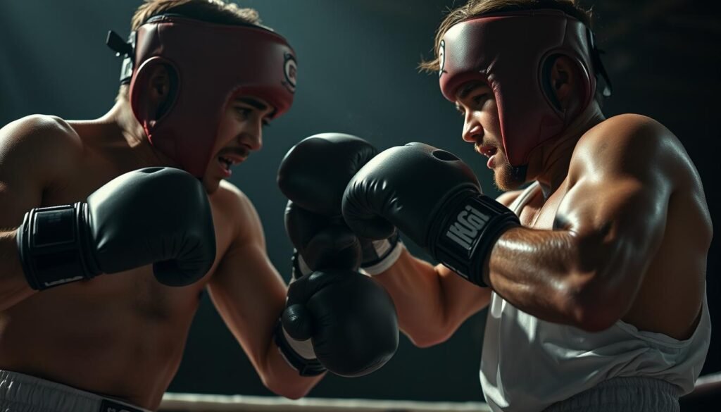 A gritty, close-up view of two amateur boxers engaged in a fierce exchange during a local boxing match. The fighters, clad in standard protective gear, are mid-strike, their faces tense with concentration and their bodies in dynamic motion. The lighting is harsh, casting deep shadows that accentuate the raw intensity of the moment. The background is blurred, keeping the focus on the central action and the technical details of the fighters' techniques - the precise angles of their jabs, the powerful extension of their hooks, the nimble footwork as they dart in and out. An atmosphere of raw, visceral energy pervades the scene, conveying the passion and determination that fuels this grassroots sport.