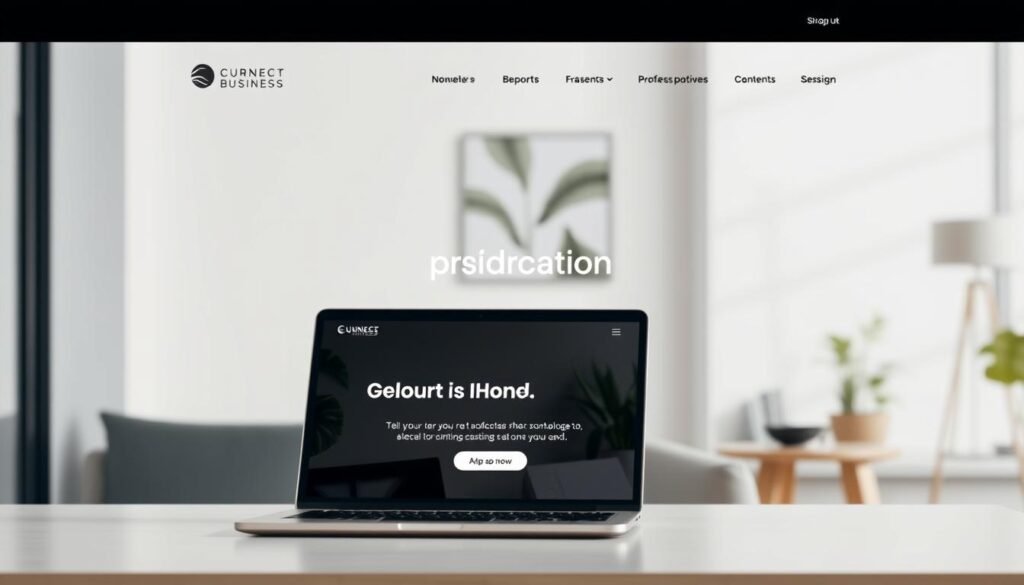 A modern, minimalist website interface showcasing a professional business. The foreground features a clean, responsive layout with a bold, typographic logo, navigation menu, and a prominent call-to-action button. The middle ground depicts a laptop displaying the website, set against a neutral, light-filled backdrop. The background subtly hints at a contemporary office space, with sleek furniture and tasteful decor creating a serene, productivity-enhancing ambiance. The overall scene conveys a sense of sophistication, efficiency, and a strong online presence for the featured business.