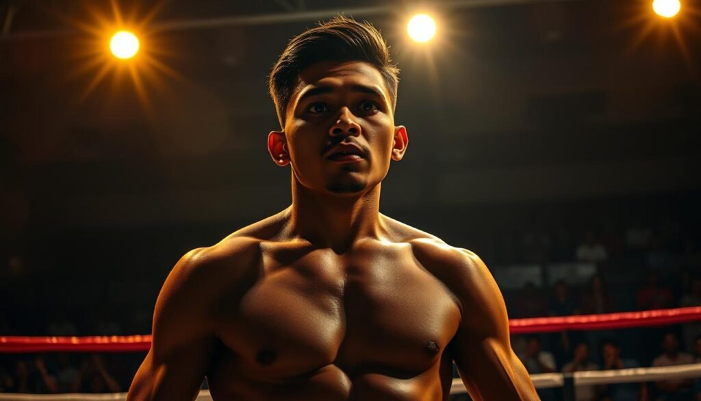 A passionate amateur boxer standing in a dimly lit boxing ring, his face full of determination as he prepares for a fierce match. The warm glow of the spotlights cast dramatic shadows across his muscular frame, highlighting the intensity in his eyes. In the background, a crowd of spectators cheers fervently, creating an electrifying atmosphere of an amateur boxing event. The camera angle is low, capturing the boxer from a powerful, heroic perspective, emphasizing his courage and unwavering spirit as he represents the spirit of local, grassroots Indonesian boxing.