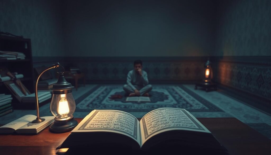 A serene, dimly lit study space, illuminated by the warm glow of a table lamp. In the foreground, an open Quran rests on a wooden desk, surrounded by carefully curated Islamic learning materials - books, scrolls, and a calligraphic display. In the middle ground, a thoughtful student sits cross-legged on a plush prayer rug, engaged in deep contemplation. The background features a tranquil, muted palette with subtle, arabesque patterns on the walls, conveying a sense of timeless, spiritual ambiance. The overall scene exudes a meditative, reverent atmosphere, perfectly encapsulating the essence of "Kurikulum Belajar Islami". A serene, dimly lit study space, illuminated by the warm glow of a table lamp. In the foreground, an open Quran rests on a wooden desk, surrounded by carefully curated Islamic learning materials - books, scrolls, and a calligraphic display. In the middle ground, a thoughtful student sits cross-legged on a plush prayer rug, engaged in deep contemplation. The background features a tranquil, muted palette with subtle, arabesque patterns on the walls, conveying a sense of timeless, spiritual ambiance. The overall scene exudes a meditative, reverent atmosphere, perfectly encapsulating the essence of "Kurikulum Belajar Islami".