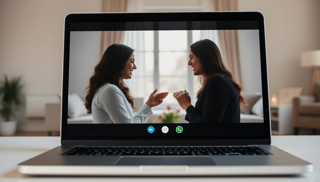 A serene online wedding ceremony, with a couple exchanging vows on a video call, their faces displayed on a laptop screen. The background features a minimalist, modern living room, with soft, natural lighting filtering through large windows. The couple's expressions are filled with joy and love, their hands clasped together as they make their promises. The overall atmosphere conveys the intimacy and significance of this special moment, despite the digital setting. A sense of warmth and connection pervades the scene, reflecting the role of social media in facilitating meaningful relationships and life events in the modern era.