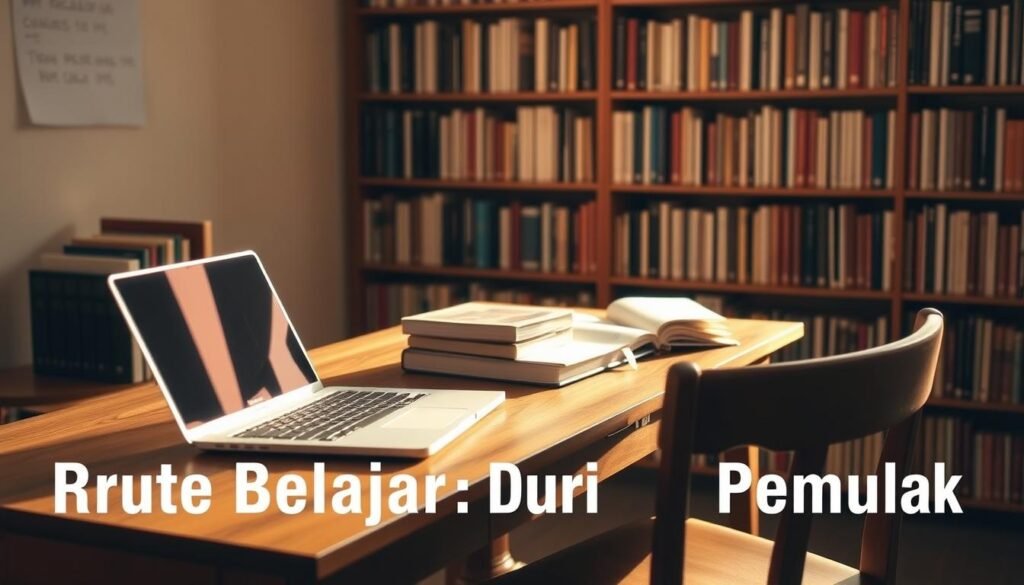 A serene study space, bathed in warm natural light, with a sturdy wooden desk and comfortable chair. On the desk, an open laptop, textbooks, and study materials neatly arranged, suggesting a student's dedicated learning journey. The background features a bookshelf filled with volumes, hinting at the wealth of knowledge available. Soft, diffused lighting creates a contemplative atmosphere, inviting the viewer to imagine themselves immersed in diligent study and academic exploration. The overall composition conveys a sense of focused, organized learning, reflecting the section title "Rute Belajar untuk Pemula: Dari Teori ke Proyek".