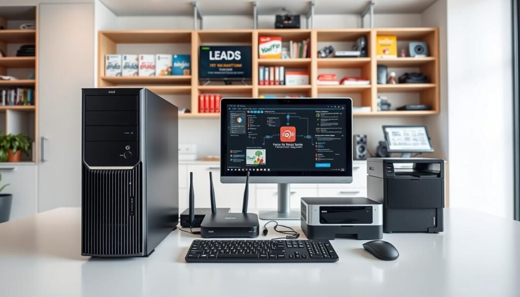 A sleek, modern office setting with an array of computer hardware and software components prominently displayed. In the foreground, a crisp, high-resolution image of a powerful desktop tower, a sleek monitor, and a minimalist wireless keyboard and mouse. In the middle ground, various peripheral devices like a network router, external hard drives, and a state-of-the-art printer. The background features a clean, well-lit workspace with shelves and cabinets showcasing different software packages, programming languages, and development tools. The overall scene conveys a sense of technological sophistication and the seamless integration of hardware and software in a professional computing environment.