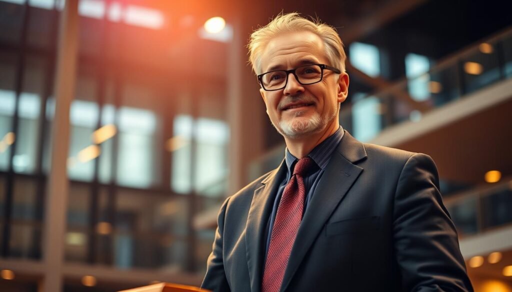 A well-dressed individual, likely a distinguished professor or expert, standing confidently on a stage or podium, against a backdrop of a modern university or conference center. The lighting is warm and focused, creating a sense of professionalism and authority. The subject's expression is engaging and approachable, conveying their expertise and willingness to share knowledge. The overall composition suggests an international, academic setting, suitable for a guest lecture or conference presentation on the topic of hydration.