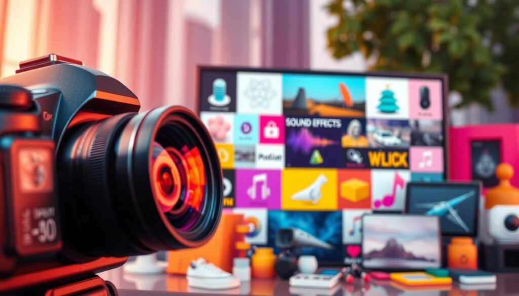 Foto stok kreatif: a vibrant, dynamic composition showcasing a diverse array of digital assets. In the foreground, a sleek, high-resolution camera captures the scene, its lens reflecting the vibrant colors and textures of the surrounding elements. In the middle ground, a variety of digital media assets are displayed, including 3D models, sound effects, and stock footage clips, each presented with a modern, minimalist aesthetic. The background features a soft, blurred cityscape, hinting at the urban environment where these digital resources can be utilized. The overall mood is one of creativity, innovation, and the boundless potential of digital content in the modern world.