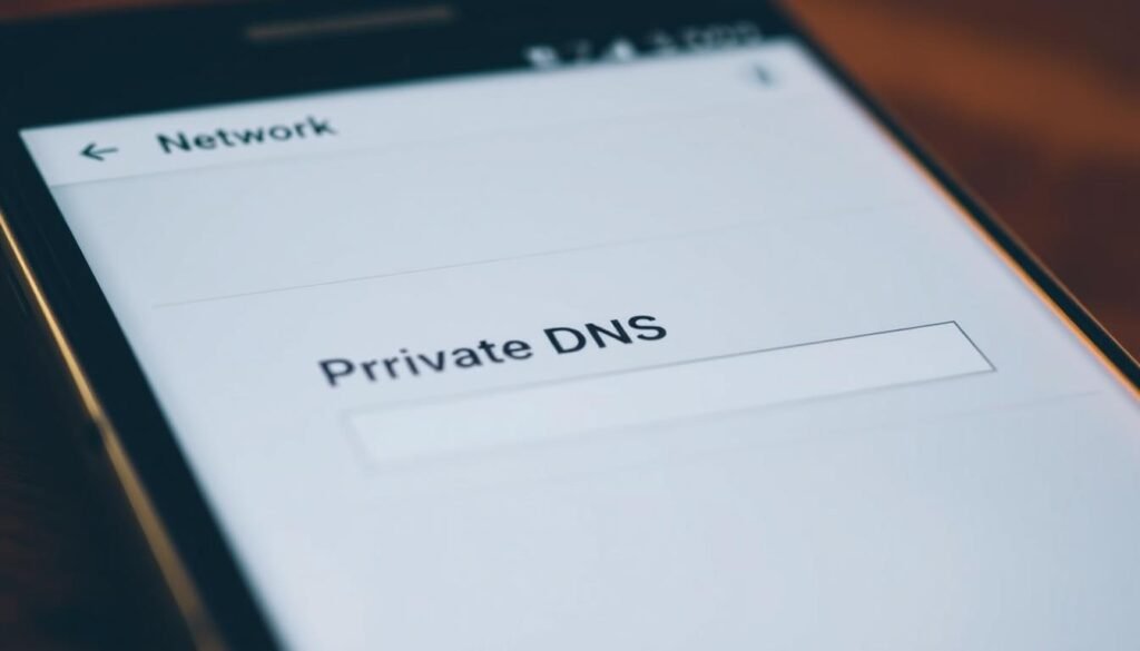 A detailed close-up view of an Android mobile device's network settings menu, showcasing the "Private DNS" configuration section. The screen is well-lit, with a soft, warm lighting that highlights the clean, modern interface design. The menu options are clearly visible, with a focus on the "Private DNS" setting and its associated input field. The depth of field is slightly blurred, drawing the eye to the central element. The overall mood is one of simplicity and functionality, reflecting the practical nature of the task at hand.