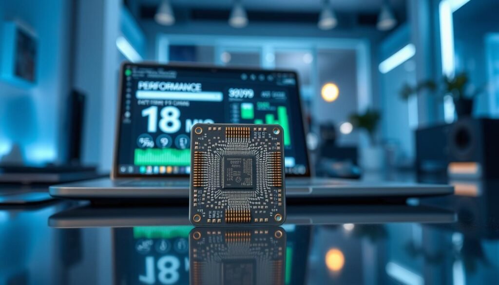 A high-resolution image of the "Performa A19 Pro chip" showcased in a sleek, ultra-modern environment. In the foreground, the A19 Pro chip is positioned on a reflective surface, emphasizing its intricate circuitry and design. The middle ground features a partially open laptop with a glowing screen displaying performance metrics, suggesting advanced battery power and processing efficiency. In the background, a softly blurred high-tech workspace with ambient lighting creates a sophisticated atmosphere, highlighting innovation and performance. Utilize soft, diffused lighting to enhance the chip's metallic textures and the laptop's sleek design. Capture the image from a slightly elevated angle to provide depth, evoking a sense of cutting-edge technology and energy. Avoid any text or branding elements in the image.