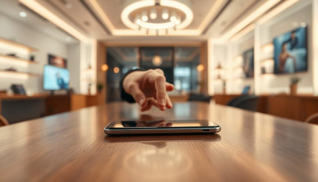 A sleek, modern "shield lipat tahan" smartphone placed on a polished wooden table as the foreground, showcasing its innovative foldable design with a shiny, reflective surface. In the middle, a blurred hand gently touches the device, projecting a sense of interaction and technology. The background features a softly lit, elegantly designed tech showroom with subtle ambient lighting that highlights the phone's premium materials and craftsmanship. The atmosphere is serene and sophisticated, emphasizing the exceptional durability and contemporary aesthetics of the device. The scene is captured from a slightly above angle using a shallow depth of field, enhancing the focus on the smartphone while creating a luxurious and inviting environment.