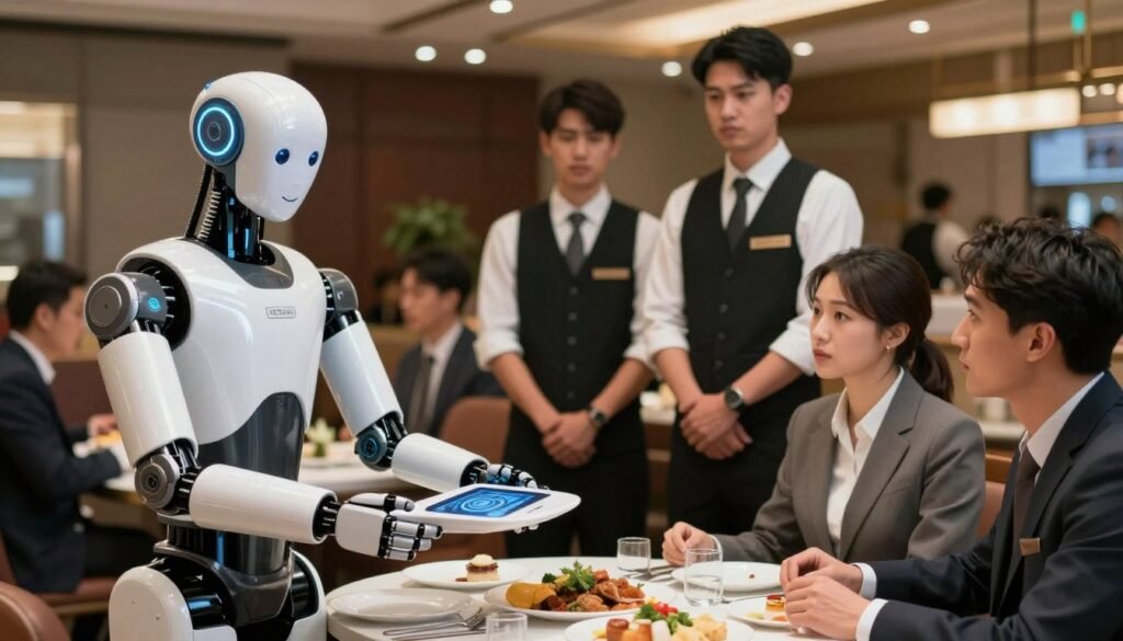 A busy restaurant scene showcasing the impact of robotic servers on the workforce. In the foreground, a sleek, humanoid robot is serving food to a table of well-dressed patrons, displaying an advanced interface and a friendly demeanor. In the middle ground, several human waitstaff in professional attire observe the robot, with expressions of concern and curiosity about their job security. The background features a bustling dining area, highlighting the contrast between robots and human workers with a warm ambiance, enhanced by soft overhead lighting. Use a shallow depth of field to focus on the robot and patrons while slightly blurring the background, conveying a mix of innovation and workforce tension. The mood should be a blend of intrigue and apprehension about how technology reshapes service industries.