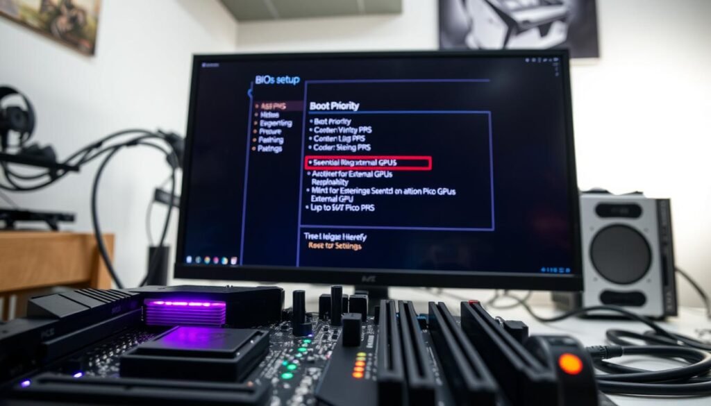 A close-up view of a modern motherboard BIOS setup screen in a well-lit, tech-savvy environment. In the foreground, a sleek motherboard with vibrant LED indicators is displayed, showcasing its PCIe slots prominently. The middle ground features a computer monitor displaying the BIOS configuration menu, focusing on options like boot priority and power settings essential for external GPUs. The background is softly blurred to suggest a home office setting with organized cables and a compact Pico PSU. The lighting is bright yet soft, creating a professional ambiance. The atmosphere is one of concentration and technical expertise, evoking a sense of focus and purpose in optimizing hardware configurations.