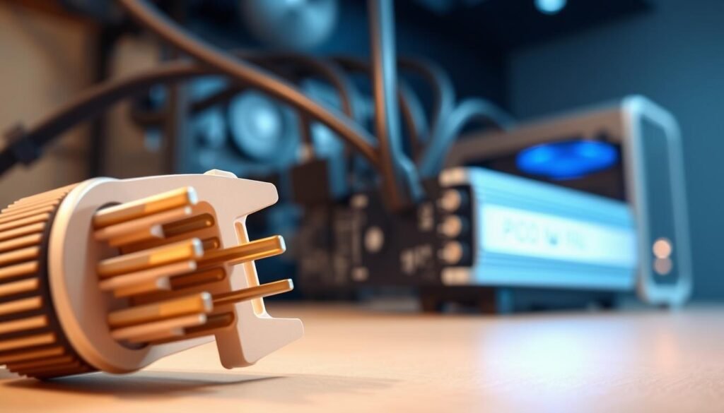 A detailed illustration focusing on a standard PCIe power connector and grounding system. In the foreground, showcase a close-up of a PCIe connector, highlighting its metal pins and plastic housing. The middle section features an external GPU setup, with cables running to a Pico PSU 250W, emphasizing the connection and power flow. The background includes a subtle, blurred image of a portable PC case, highlighting its compact design. Use soft, ambient lighting to create a professional atmosphere, enhancing the technical details. The angle should be slightly tilted to provide depth, making the components appear dynamic and engaging. The overall mood should be informative and technical, suitable for an educational article about PCIe power standards and grounding issues.