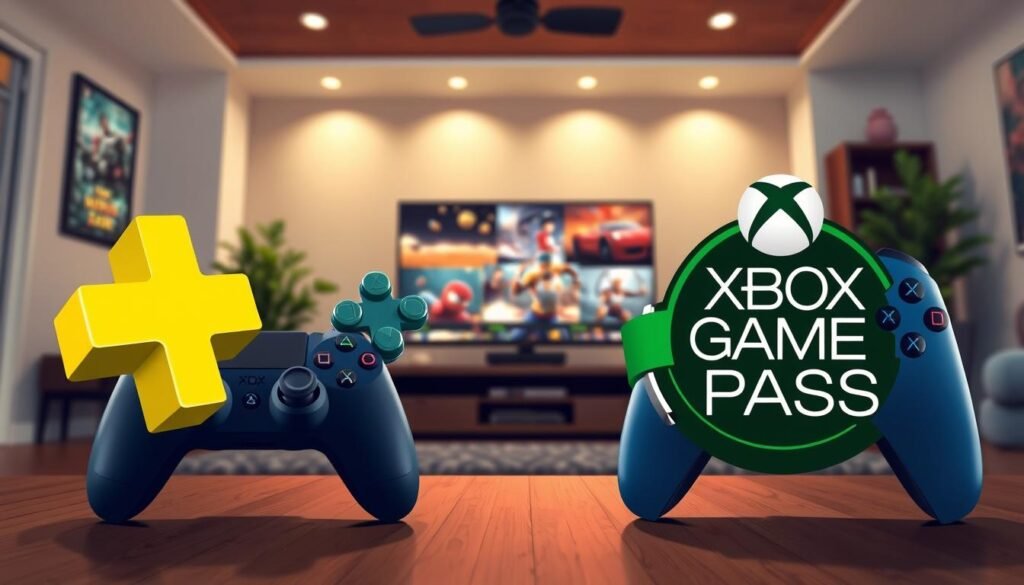 A dynamic and engaging comparative illustration featuring the logos of PlayStation Plus and Xbox Game Pass prominently in the foreground, each surrounded by their respective gaming controllers. In the middle ground, depict a stylized modern living room setting with a large screen displaying gameplay scenes, showcasing the contrasting graphics and vibrant colors of popular games from both services. The background should feature ambient lighting, with a cozy atmosphere, highlighting the excitement of gaming culture. Use a cinematic angle to create depth, ensuring the focus is on the subscription services while maintaining a balanced composition. The mood should be lively and inviting, reflecting the community aspect of gaming subscriptions.