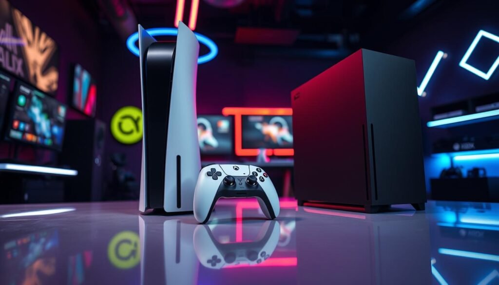 A dynamic and visually striking composition featuring two gaming consoles at the forefront: the sleek and modern PS5 Pro with its distinctive white and black design, and the powerful Xbox Series X, characterized by its minimalist black tower shape. These consoles should be positioned on a glossy surface, reflecting their contours and emphasizing their design details. In the background, a dimly lit gaming room illuminated by colorful LED lights creates a vibrant atmosphere. Soft shadows play across the surfaces, enhancing the depth of the scene. The angle should be slightly tilted to add a sense of energy and excitement, capturing the competitive spirit of the mid-generation gaming landscape. The overall mood should be futuristic and engaging, appealing to gaming enthusiasts.