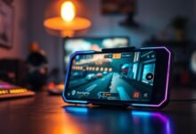 A futuristic gaming smartphone prominently displayed in the foreground, its sleek design highlighted by vibrant LED lighting, showcasing the performance features. The screen displays an intense gaming scene, showcasing high graphics quality. In the middle ground, a blurred modern gaming desk filled with gaming accessories, such as high-quality headphones and a mechanical keyboard, sets the atmosphere of a dedicated gaming space. In the background, soft bokeh lights create a cozy yet energetic gaming environment, with dark, moody colors that accentuate the smartphone's glow. A warm, inviting overhead light simulates a focused gaming atmosphere. The overall mood is one of excitement but with a subtle hint of caution, conveying the message that not all gaming smartphones deliver optimal performance.