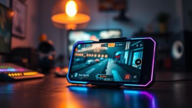A futuristic gaming smartphone prominently displayed in the foreground, its sleek design highlighted by vibrant LED lighting, showcasing the performance features. The screen displays an intense gaming scene, showcasing high graphics quality. In the middle ground, a blurred modern gaming desk filled with gaming accessories, such as high-quality headphones and a mechanical keyboard, sets the atmosphere of a dedicated gaming space. In the background, soft bokeh lights create a cozy yet energetic gaming environment, with dark, moody colors that accentuate the smartphone's glow. A warm, inviting overhead light simulates a focused gaming atmosphere. The overall mood is one of excitement but with a subtle hint of caution, conveying the message that not all gaming smartphones deliver optimal performance.