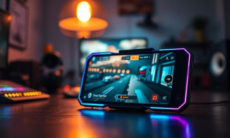 A futuristic gaming smartphone prominently displayed in the foreground, its sleek design highlighted by vibrant LED lighting, showcasing the performance features. The screen displays an intense gaming scene, showcasing high graphics quality. In the middle ground, a blurred modern gaming desk filled with gaming accessories, such as high-quality headphones and a mechanical keyboard, sets the atmosphere of a dedicated gaming space. In the background, soft bokeh lights create a cozy yet energetic gaming environment, with dark, moody colors that accentuate the smartphone's glow. A warm, inviting overhead light simulates a focused gaming atmosphere. The overall mood is one of excitement but with a subtle hint of caution, conveying the message that not all gaming smartphones deliver optimal performance.
