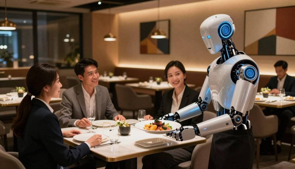 A futuristic restaurant scene featuring a sleek, humanoid robot waiter gracefully serving food to a table of professionally dressed diners. In the foreground, focus on the robot, showcasing its polished metallic surface and illuminated interface, with a delicate plate in its mechanical hands. In the middle ground, capture the diners smiling and engaging, wearing smart business attire, seated at a stylish table with modern decor. In the background, the restaurant ambiance exudes warmth, with ambient lighting casting a cozy glow and contemporary art on the walls. Use a wide-angle lens perspective to emphasize the interaction between the robot and the diners. The atmosphere should feel vibrant yet professional, illustrating the integration of technology within the dining experience.