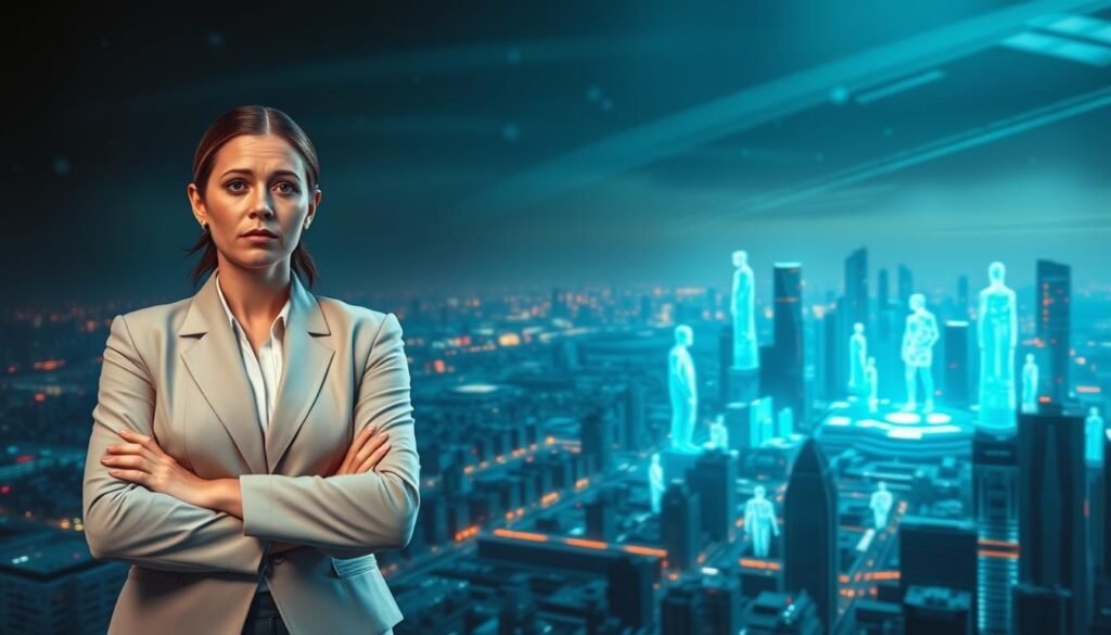 A futuristic scene depicting the challenges faced by the Metaverse. In the foreground, a professional businesswoman in modest clothing stands with arms crossed, looking perplexed, symbolizing concern about the future of virtual realities. In the middle ground, a sprawling digital landscape featuring fragmented virtual buildings and glitching avatars, conveying instability and confusion. The background showcases a city skyline merging with holographic elements, illustrating both progress and setbacks. Dramatic lighting highlights the contrasts, casting soft shadows, while the color palette blends deep blues and vibrant neon shades to evoke a sense of uncertainty and tension. The atmosphere feels tense yet dynamic, embodying the ongoing debates about the relevance of the Metaverse. A futuristic scene depicting the challenges faced by the Metaverse. In the foreground, a professional businesswoman in modest clothing stands with arms crossed, looking perplexed, symbolizing concern about the future of virtual realities. In the middle ground, a sprawling digital landscape featuring fragmented virtual buildings and glitching avatars, conveying instability and confusion. The background showcases a city skyline merging with holographic elements, illustrating both progress and setbacks. Dramatic lighting highlights the contrasts, casting soft shadows, while the color palette blends deep blues and vibrant neon shades to evoke a sense of uncertainty and tension. The atmosphere feels tense yet dynamic, embodying the ongoing debates about the relevance of the Metaverse.