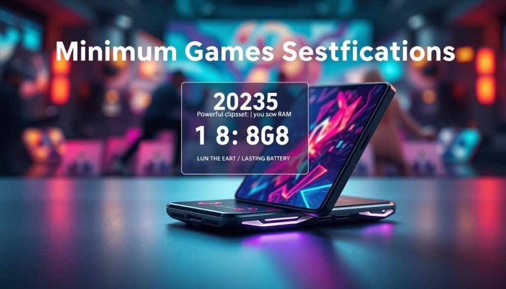 A sleek, modern gaming smartphone prominently displayed in the foreground, showcasing its high-resolution screen and vibrant gaming graphics. The phone's design features sharp edges, glowing LED accents, and a cooling vent, emphasizing its gaming capabilities. In the middle ground, a stylized representation of minimum gaming specifications is illustrated, including key features such as a powerful chipset, at least 8GB of RAM, and a long-lasting battery. The background features a dynamic gaming environment with vibrant colors, creating an immersive atmosphere. Soft, ambient lighting highlights the phone, enhancing its futuristic appeal. The angle of the shot is slightly tilted for a dramatic effect, capturing the essence of advanced gaming technology. The overall mood is energetic and exciting, enticing gamers to envision the future of mobile gaming in 2025. A sleek, modern gaming smartphone prominently displayed in the foreground, showcasing its high-resolution screen and vibrant gaming graphics. The phone's design features sharp edges, glowing LED accents, and a cooling vent, emphasizing its gaming capabilities. In the middle ground, a stylized representation of minimum gaming specifications is illustrated, including key features such as a powerful chipset, at least 8GB of RAM, and a long-lasting battery. The background features a dynamic gaming environment with vibrant colors, creating an immersive atmosphere. Soft, ambient lighting highlights the phone, enhancing its futuristic appeal. The angle of the shot is slightly tilted for a dramatic effect, capturing the essence of advanced gaming technology. The overall mood is energetic and exciting, enticing gamers to envision the future of mobile gaming in 2025.