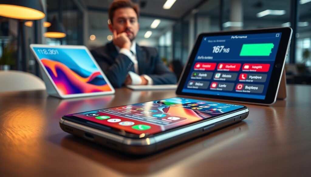 A sleek smartphone lying on a modern desk, with a split screen showing performance metrics. On one side, vibrant graphics indicate a high-performing device with smooth animations, while the other side is cluttered with various bloatware apps marked in red, depicting sluggishness. In the foreground, a professional in business attire looks on thoughtfully, holding a tablet that displays battery performance stats. In the middle ground, a softly glowing light emphasizes the smartphone's sleek design, while the background features a blurred office environment, suggesting productivity. The mood is analytical, with a focus on the contrast between a cluttered interface and optimal performance, all captured in a polished, high-definition style.