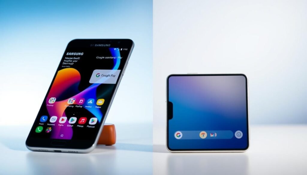 A split-screen image showcasing a direct comparison between Samsung and Pixel applications. On the left side, display a modern Samsung smartphone interface featuring popular built-in apps like Samsung Health and Samsung Pay, visually engaging icons, and vibrant colors. On the right side, depict a sleek Pixel smartphone with Google app icons such as Google Assistant and Photos, emphasizing a minimalistic and clean design. The foreground highlights both phones prominently with a slight tilt, drawing the viewer's focus. The background is a subtle gradient, blending soft blues and whites that evoke a professional atmosphere. Use soft lighting to create a polished, tech-savvy feel, ensuring the image conveys a sense of contrast and competition between the two brands without any text or branding elements.