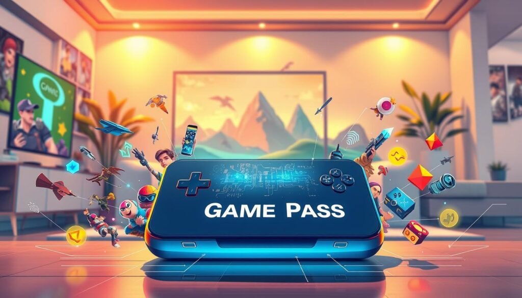 A vibrant and eye-catching illustration showcasing a "Game Pass" concept, featuring a sleek, futuristic device resembling a gaming console in the foreground. Surround the console with vibrant visuals of popular game characters and symbols, evoking a sense of excitement and adventure. In the middle ground, depict a digital landscape with abstract shapes and glowing circuitry to highlight the technological aspect of gaming. In the background, a modern living room setting is softly lit, creating a cozy atmosphere perfect for gaming. Use warm lighting that suggests a late afternoon glow, captured from a slightly elevated angle to give depth to the scene. The overall mood is energetic and inviting, emphasizing the thrill of gaming possibilities. A vibrant and eye-catching illustration showcasing a "Game Pass" concept, featuring a sleek, futuristic device resembling a gaming console in the foreground. Surround the console with vibrant visuals of popular game characters and symbols, evoking a sense of excitement and adventure. In the middle ground, depict a digital landscape with abstract shapes and glowing circuitry to highlight the technological aspect of gaming. In the background, a modern living room setting is softly lit, creating a cozy atmosphere perfect for gaming. Use warm lighting that suggests a late afternoon glow, captured from a slightly elevated angle to give depth to the scene. The overall mood is energetic and inviting, emphasizing the thrill of gaming possibilities.