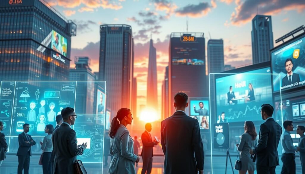 A vibrant and immersive depiction of the metaverse implemented across various sectors. In the foreground, a diverse group of professionals in business attire engage with holographic displays showcasing applications in healthcare, education, and entertainment. The middle ground features a dynamic cityscape, with futuristic buildings and digital billboards displaying virtual meetings and augmented reality experiences. In the background, a glowing sunset casts an ethereal light over the scene, accentuating the seamless blending of physical and digital worlds. The atmosphere is one of innovation and collaboration, emphasizing the relevance of the metaverse today. The image should be captured from a slightly elevated angle, using soft focus to add depth and a sense of wonder. A vibrant and immersive depiction of the metaverse implemented across various sectors. In the foreground, a diverse group of professionals in business attire engage with holographic displays showcasing applications in healthcare, education, and entertainment. The middle ground features a dynamic cityscape, with futuristic buildings and digital billboards displaying virtual meetings and augmented reality experiences. In the background, a glowing sunset casts an ethereal light over the scene, accentuating the seamless blending of physical and digital worlds. The atmosphere is one of innovation and collaboration, emphasizing the relevance of the metaverse today. The image should be captured from a slightly elevated angle, using soft focus to add depth and a sense of wonder.