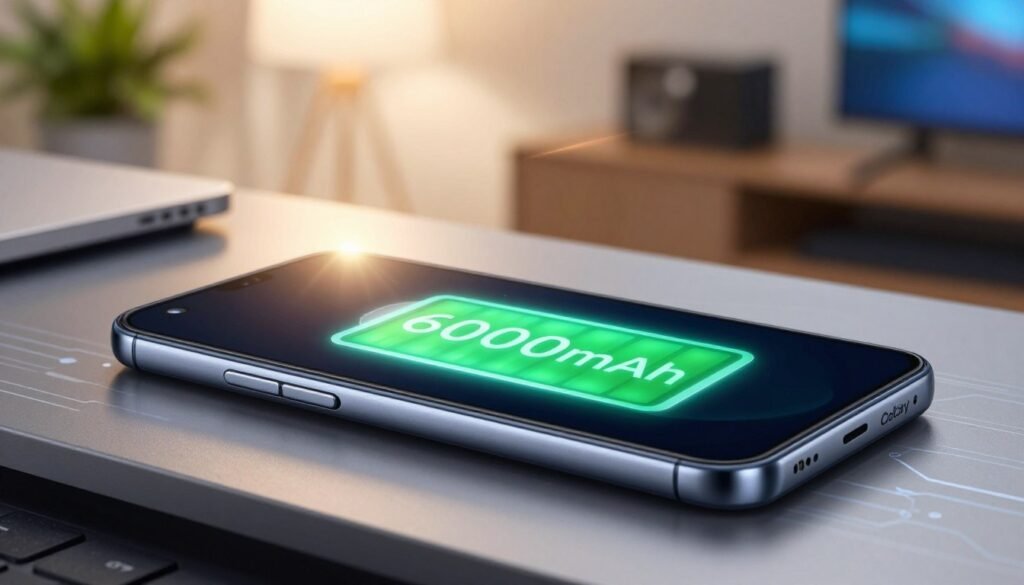A close-up view of the Galaxy M55 smartphone featuring a prominently displayed battery icon, showcasing a vibrant 6000mAh symbol glowing softly. In the foreground, the device rests on a sleek, modern surface with hints of technology-themed elements, like circuit patterns subtly integrated in the background. The midground includes a contrasting soft-focus of a cozy setting, such as a well-lit room with greenery or tech gadgets, conveying a sense of extended battery life. Soft, warm lighting enhances the longevity theme, with a slight lens flare adding a dynamic touch. The atmosphere should feel energetic yet relaxed, emphasizing reliability and endurance, perfect for demonstrating the battery’s capacity. The image is free of any text or distractions, focusing solely on the product and its attributes.