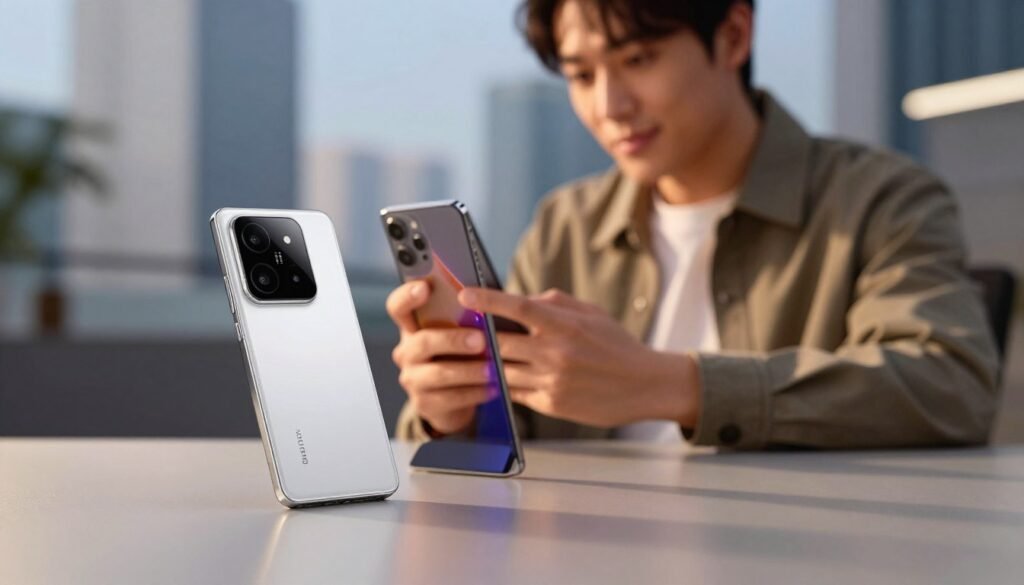 A dynamic composition showcasing two high-end smartphones, the Xiaomi 14 Ultra and Samsung S24 Ultra, placed prominently on a sleek, modern surface in the foreground. The devices should be angled to display their intricate designs and vibrant screens, reflecting off the surface for a striking visual effect. In the middle ground, a blurred out tech enthusiast examines the smartphones, dressed in smart casual attire, emphasizing the comparison's personal touch. The background features a soft-focus urban environment, evoking a cutting-edge technology ambiance. The lighting should be warm and inviting, highlighting the premium finishes of the devices. Capture a sense of excitement and anticipation, suggesting an exploration of worth and value in the world of premium smartphones.