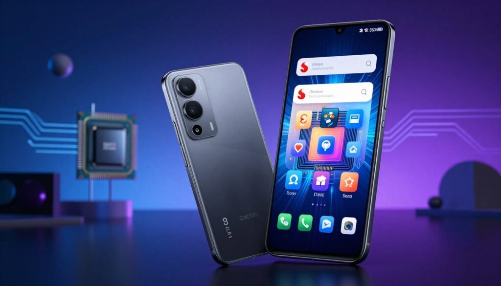 A sleek Snapdragon 8 Gen 3 Performa smartphone dominates the foreground, showcasing its high-resolution camera and polished finish with subtle reflections. The phone's display glows brightly, illustrating vibrant app icons and a detailed graphical interface. In the middle ground, an imaginative tech-inspired environment features abstract geometric shapes and circuit patterns, enhancing the chipset theme. The background is softly blurred, with a gradient of deep blues and purples, evoking a futuristic ambiance. Soft, dramatic lighting highlights the contours of the smartphone, creating an engaging contrast. The perspective is slightly angled, drawing the viewer’s eye toward the smartphone's key features, promoting an atmosphere of innovation and sophistication, ideal for a camera duel scenario.